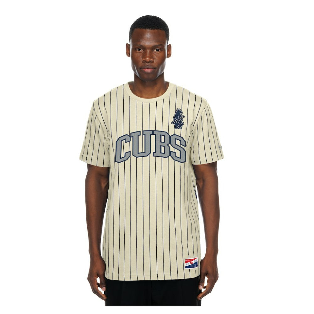 Chicago Cubs New Era Throwback Meshback Pinstripe T-Shirt - Cream - New Era on Sale