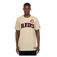 Cincinnati Reds New Era Throwback Meshback Pinstripe T-Shirt - Cream - New Era Lifestyle