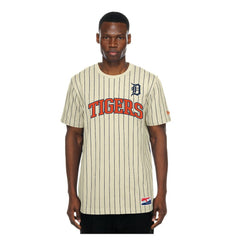 Detroit Tigers New Era Throwback Meshback Pinstripe T-Shirt - Cream - New Era Lifestyle