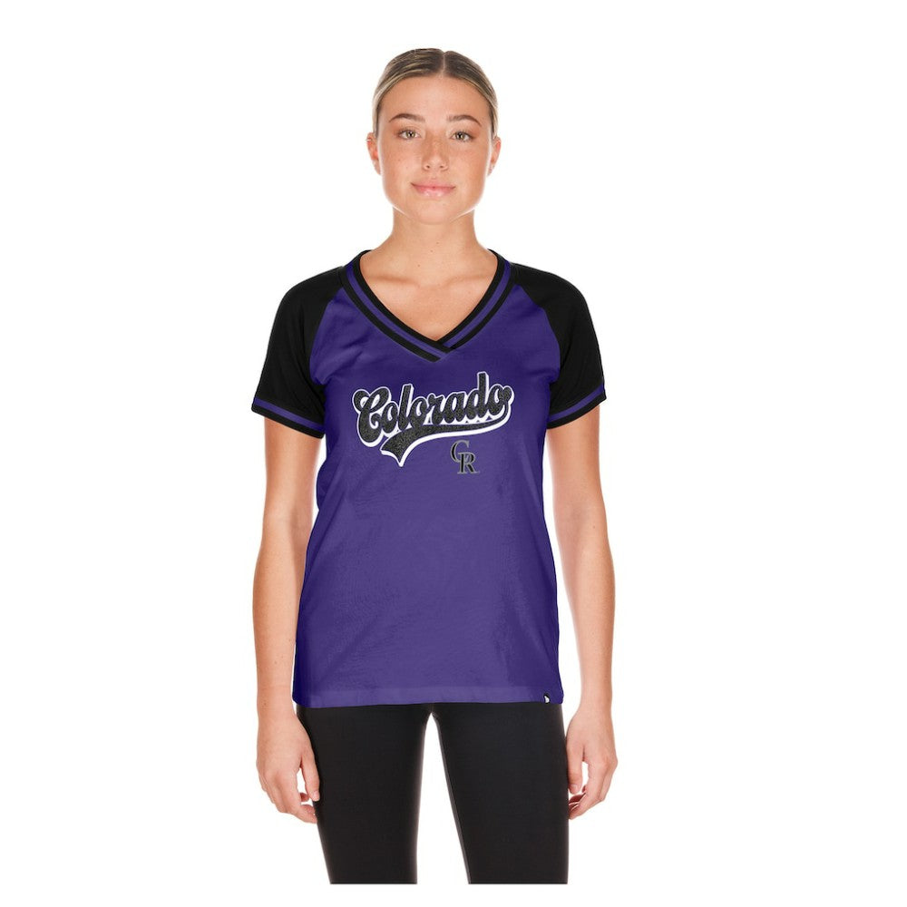 Colorado Rockies New Era Women's Gameday V-Neck T-Shirt - Purple - New Era Lifestyle