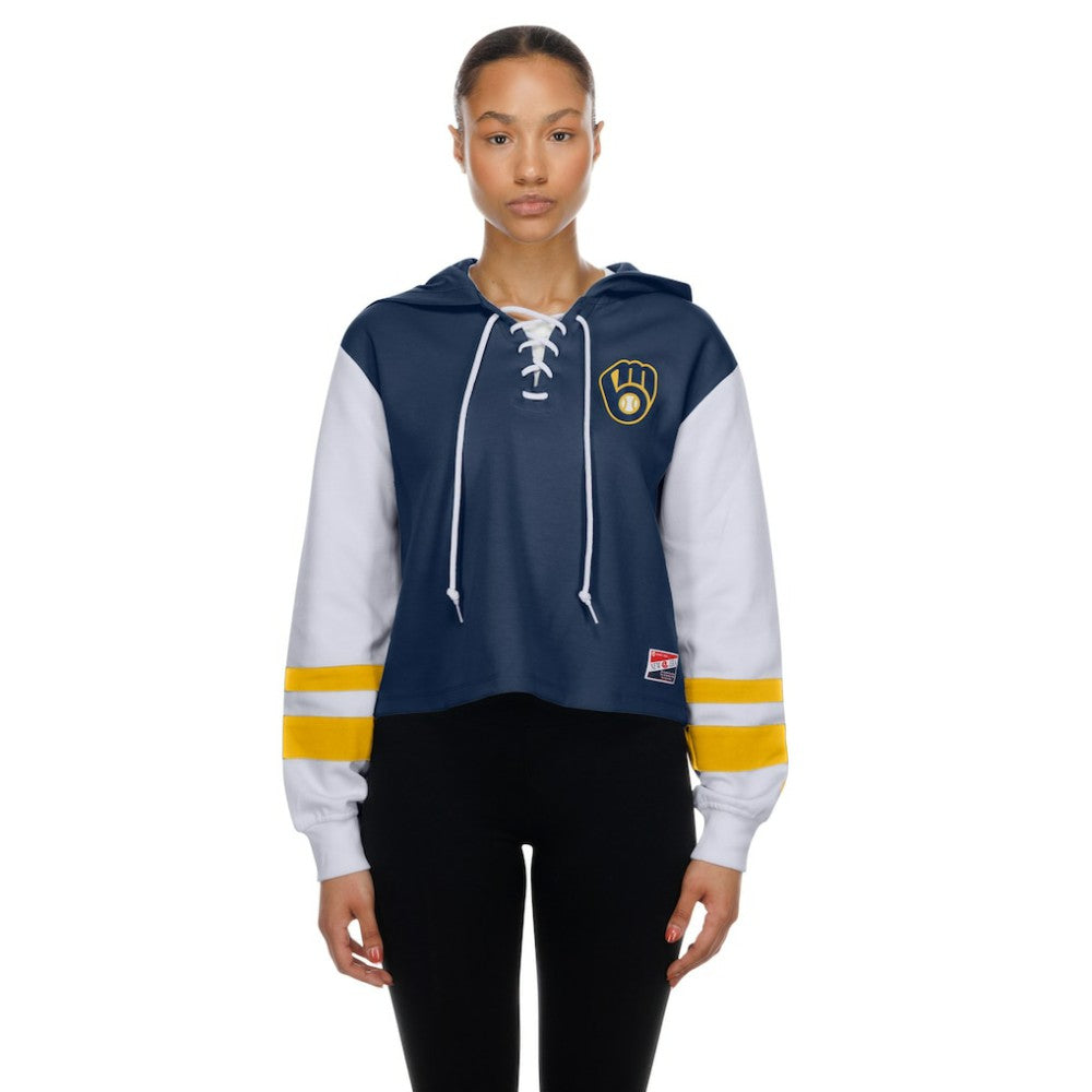 Milwaukee Brewers New Era Women's Boxy Lace-Up Hoodie - Navy - New Era Discount