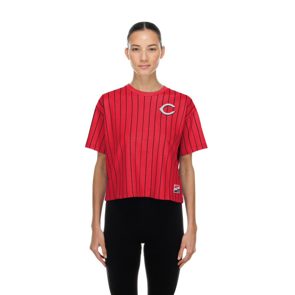 Cincinnati Reds New Era Women's Throwback Meshback Pinstripe Boxy T-Shirt - Red - New Era Lifestyle
