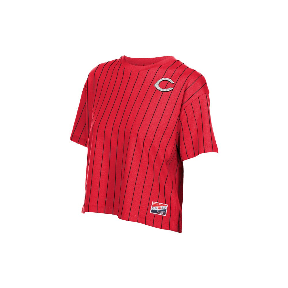 Cincinnati Reds New Era Women's Throwback Meshback Pinstripe Boxy T-Shirt - Red - New Era Lifestyle