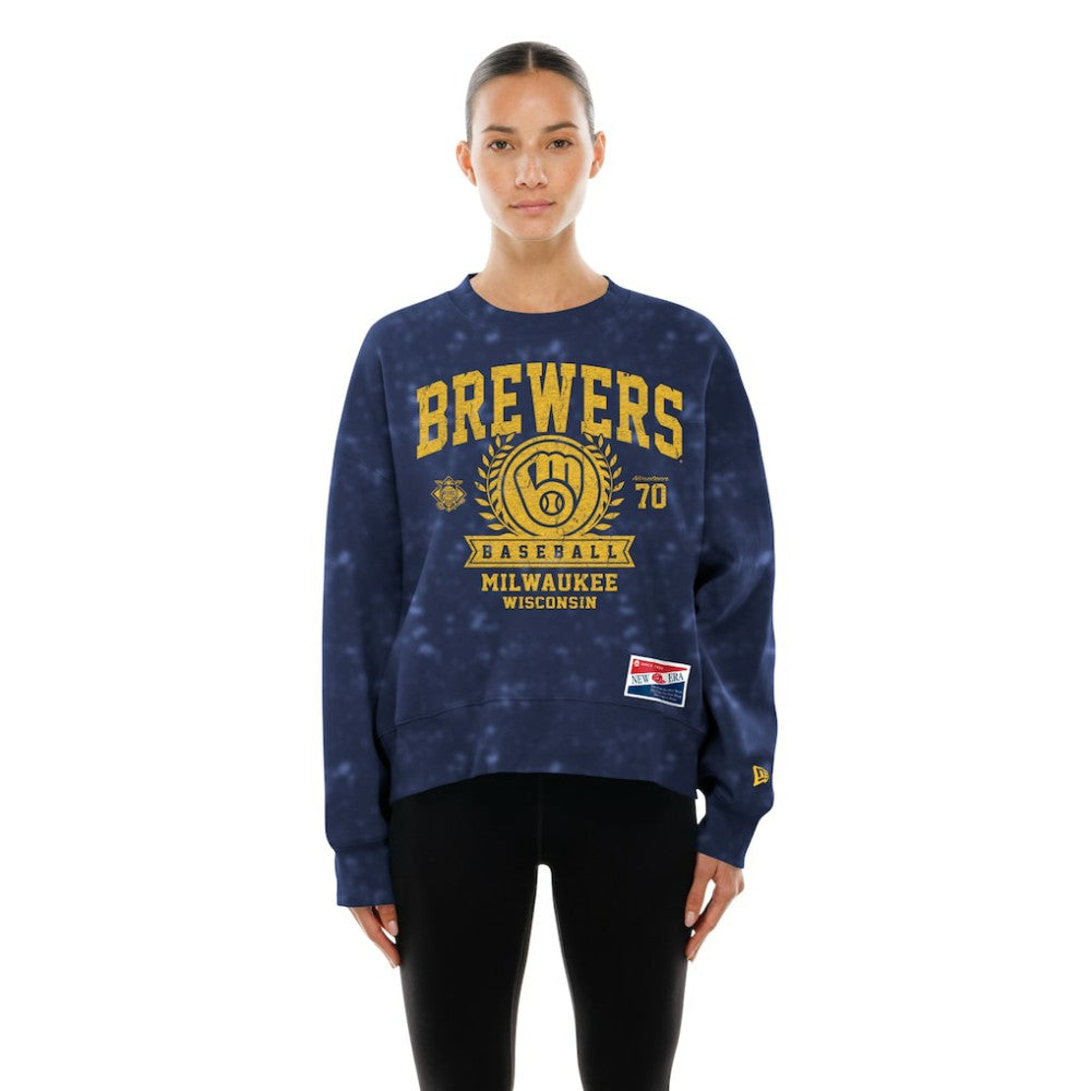 Milwaukee Brewers New Era Women's Throwback Oversized Boxy Sweatshirt - Navy - New Era Sale