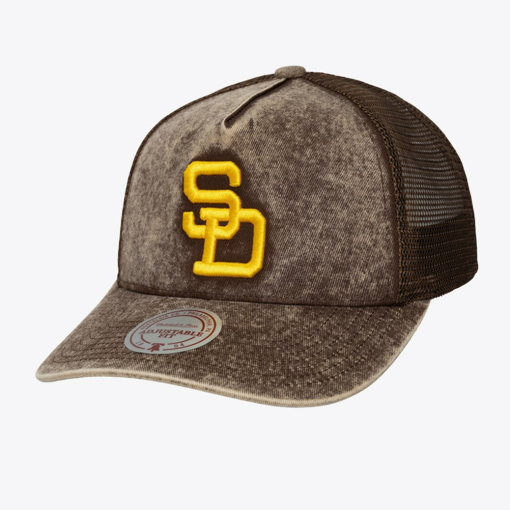 San Diego Padres Mitchell & Ness Unisex Cooperstown Gameday Adjustable Trucker Hat - Brown - Mitchell & Ness Lifestyle