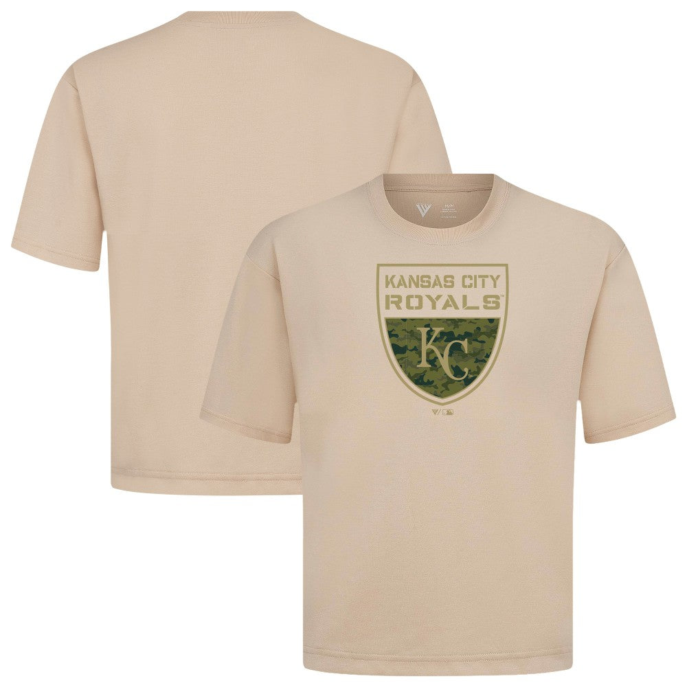 Kansas City Royals Levelwear Oversized Luxe Signature Knit Buckler T-Shirt - Khaki - MLB Discount