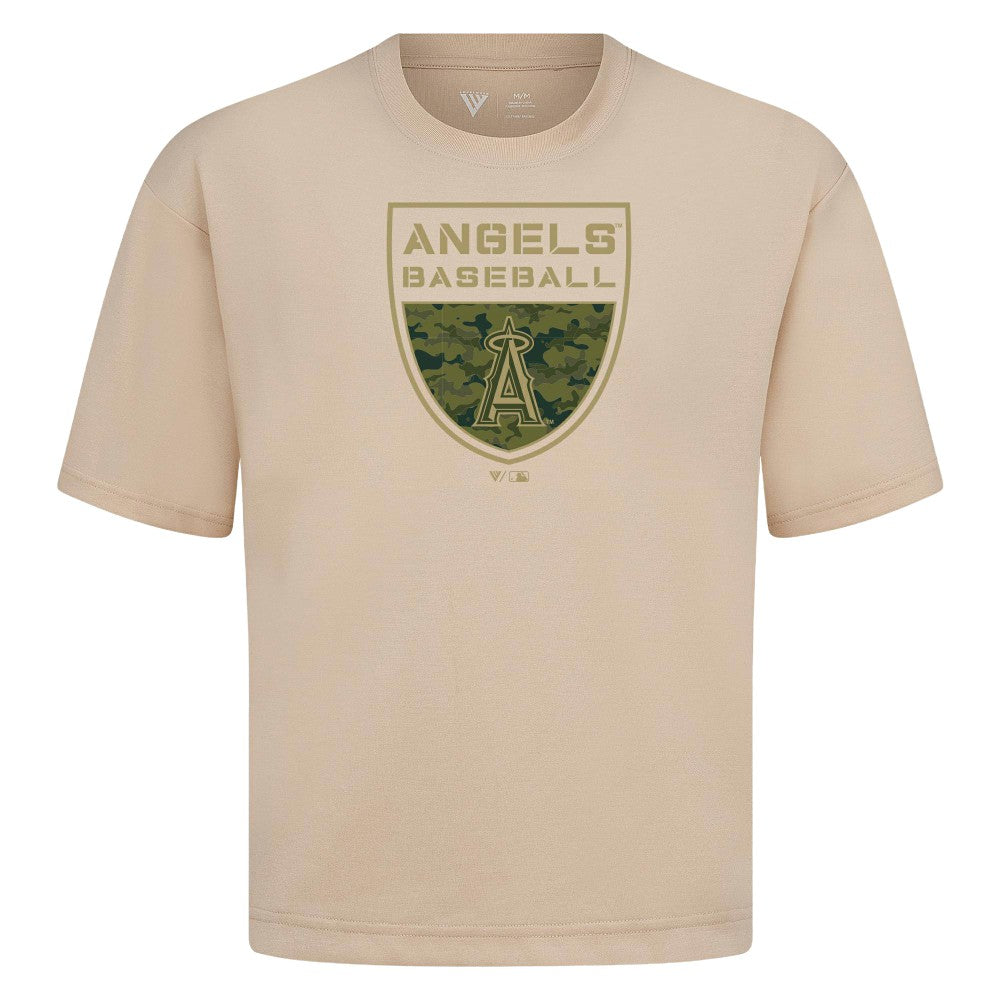 Los Angeles Angels Levelwear Oversized Luxe Signature Knit Buckler T-Shirt - Khaki - MLB Lifestyle