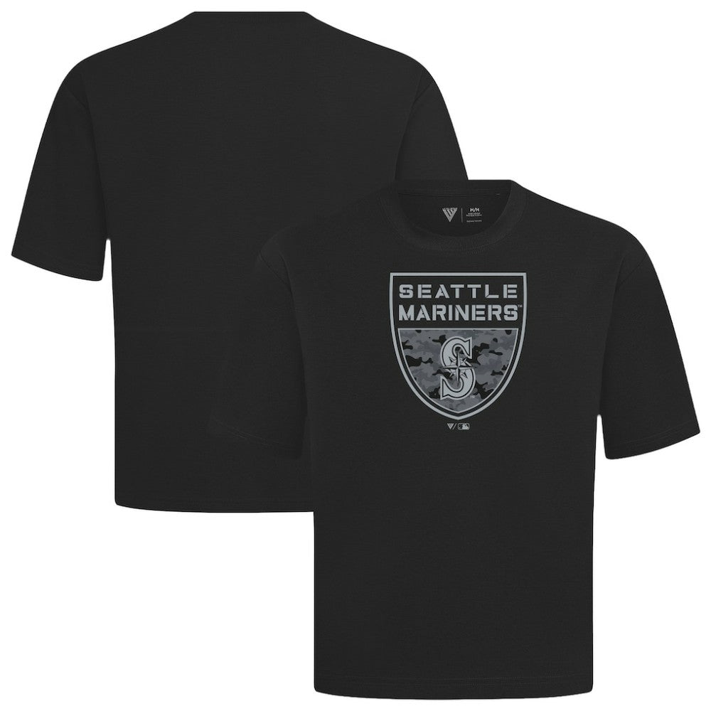 Seattle Mariners Levelwear Oversized Luxe Signature Knit Buckler T-Shirt - Black - MLB Discount