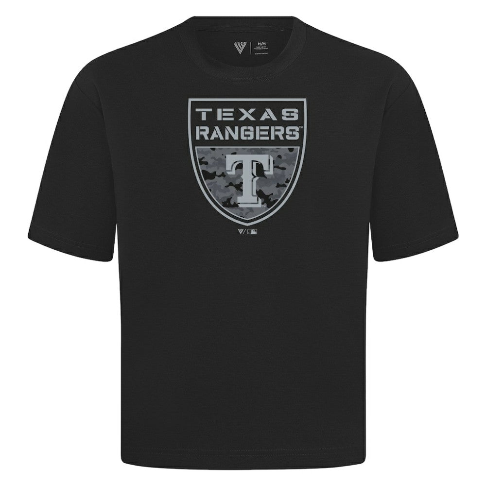 Texas Rangers Levelwear Oversized Luxe Signature Knit Buckler T-Shirt - Black - MLB Discount
