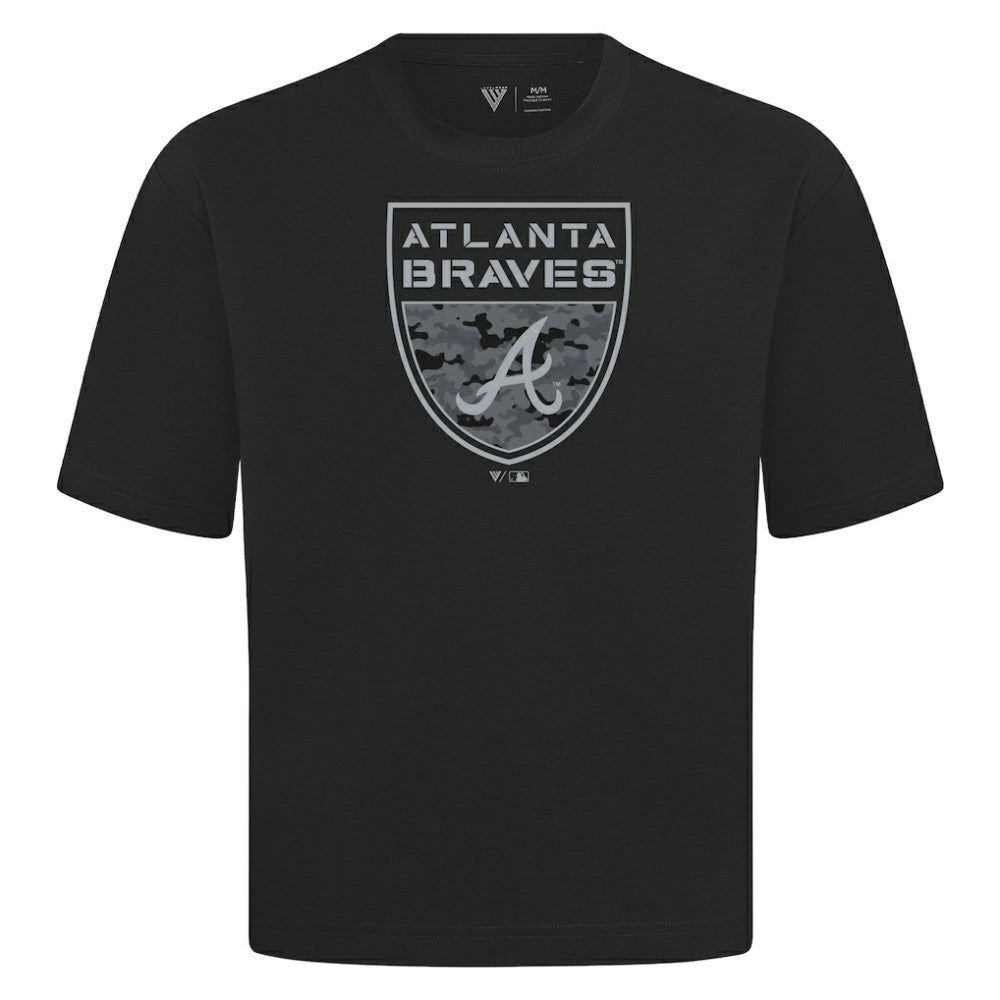 Atlanta Braves Levelwear Oversized Luxe Signature Knit Buckler T-Shirt - Black - MLB Sale