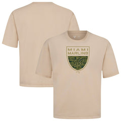 Miami Marlins Levelwear Oversized Luxe Signature Knit Buckler T-Shirt - Khaki - MLB on Sale