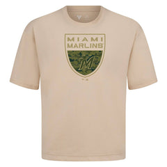 Miami Marlins Levelwear Oversized Luxe Signature Knit Buckler T-Shirt - Khaki - MLB on Sale