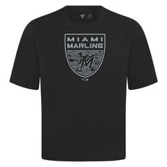 Miami Marlins Levelwear Oversized Luxe Signature Knit Buckler T-Shirt - Black - MLB on Sale