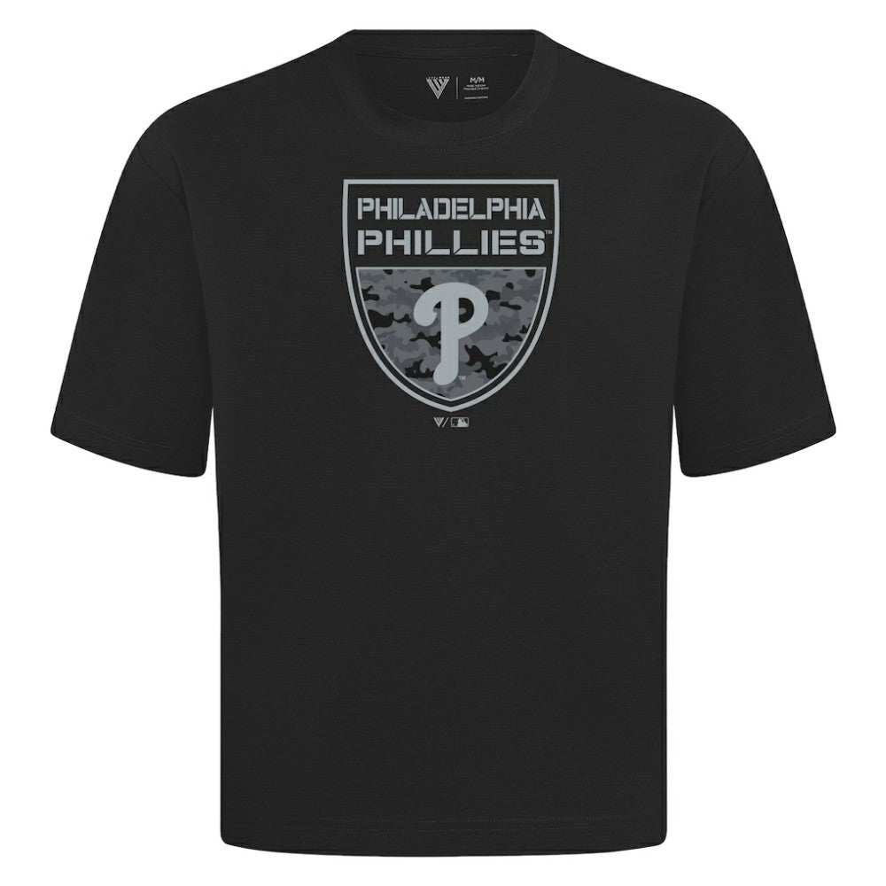 Philadelphia Phillies Levelwear Oversized Luxe Signature Knit Buckler T-Shirt - Black - MLB on Sale