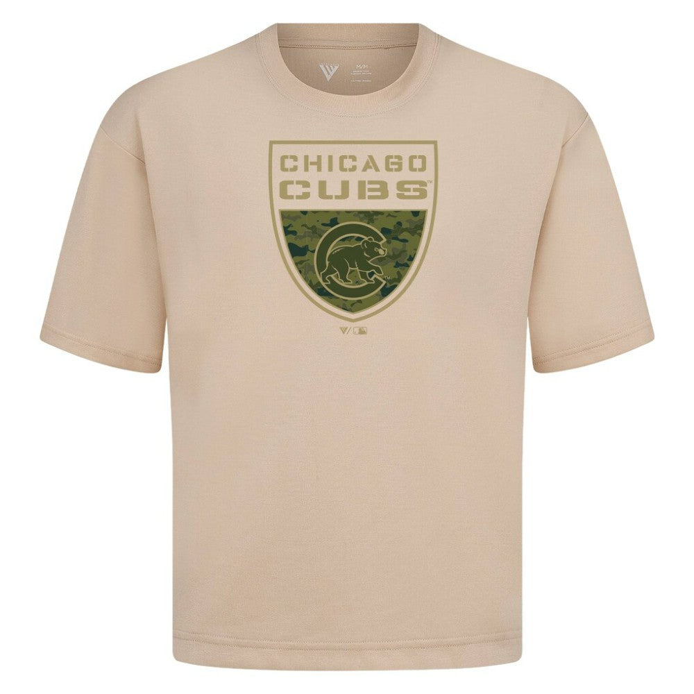 Chicago Cubs Levelwear Oversized Luxe Signature Knit Buckler T-Shirt - Khaki - MLB on Sale