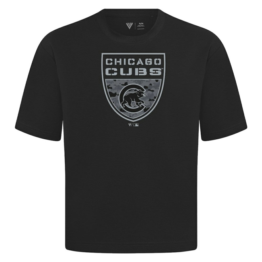 Chicago Cubs Levelwear Oversized Luxe Signature Knit Buckler T-Shirt - Black - MLB on Sale