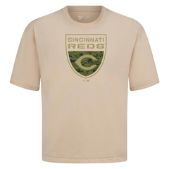 Cincinnati Reds Levelwear Oversized Luxe Signature Knit Buckler T-Shirt - Khaki - MLB Lifestyle