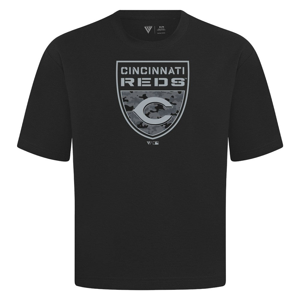 Cincinnati Reds Levelwear Oversized Luxe Signature Knit Buckler T-Shirt - Black - MLB Online