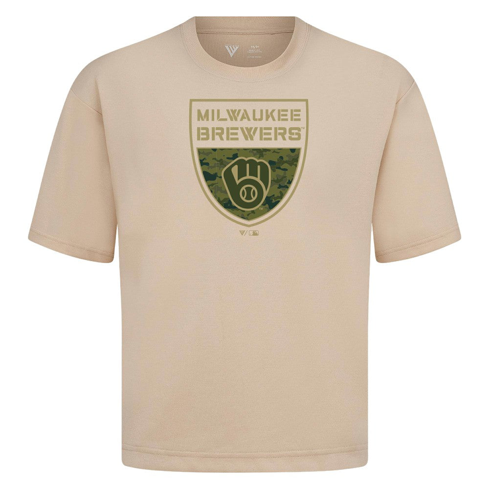 Milwaukee Brewers Levelwear Oversized Luxe Signature Knit Buckler T-Shirt - Khaki - MLB Lifestyle