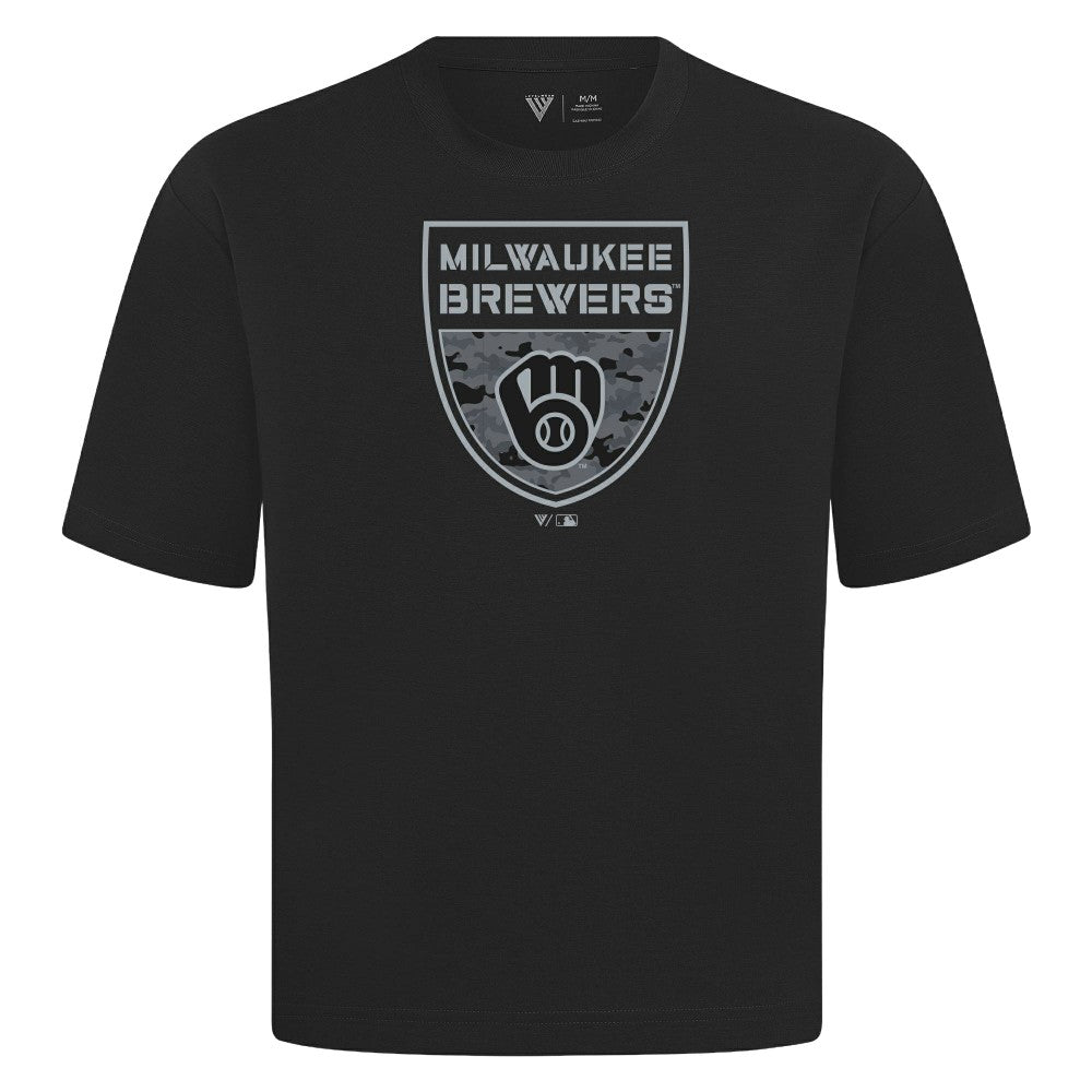 Milwaukee Brewers Levelwear Oversized Luxe Signature Knit Buckler T-Shirt - Black - MLB Lifestyle