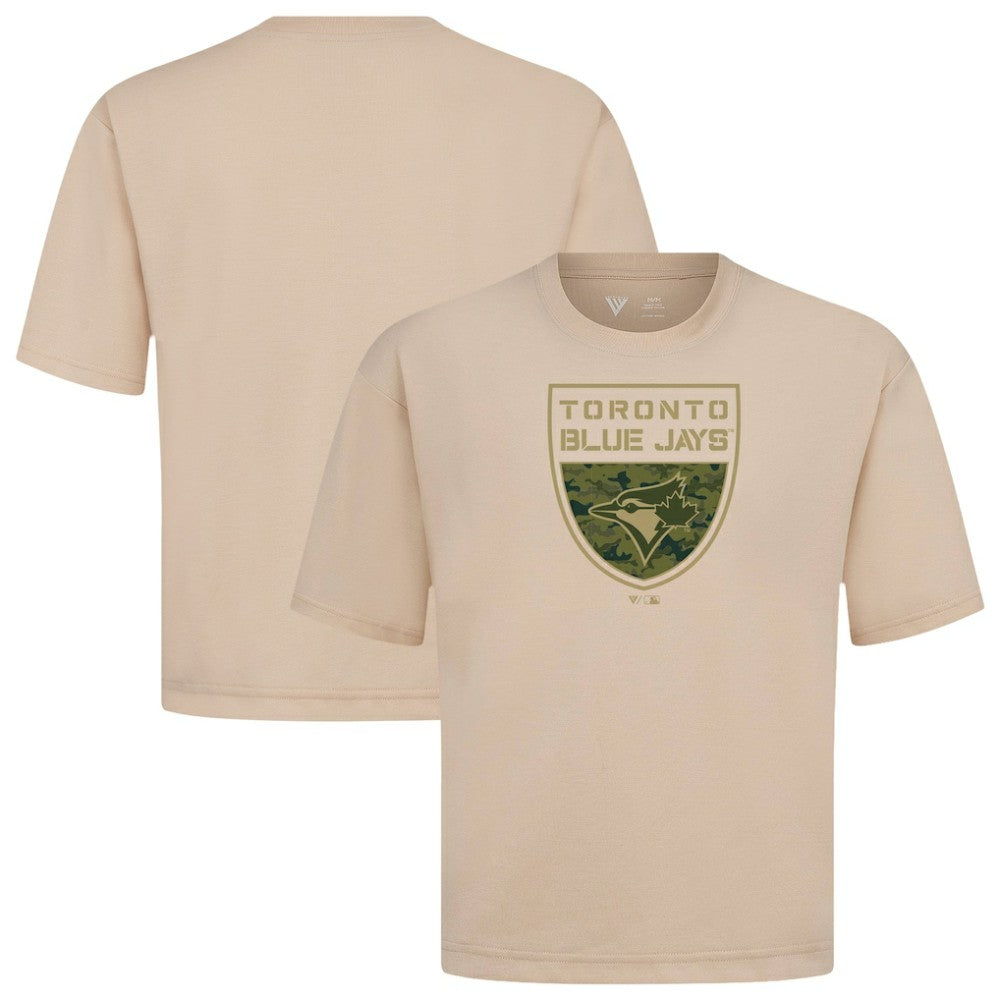 Toronto Blue Jays Levelwear Oversized Luxe Signature Knit Buckler T-Shirt - Khaki - MLB Discount