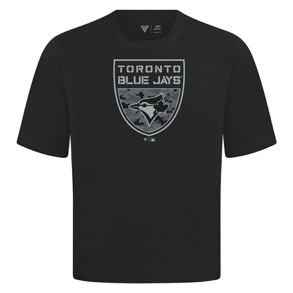 Toronto Blue Jays Levelwear Oversized Luxe Signature Knit Buckler T-Shirt - Black - MLB on Sale