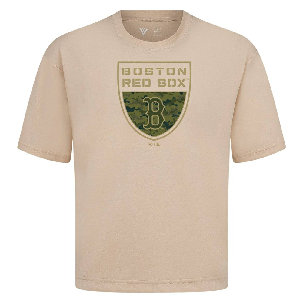 Boston Red Sox Levelwear Oversized Luxe Signature Knit Buckler T-Shirt - Khaki - MLB on Sale