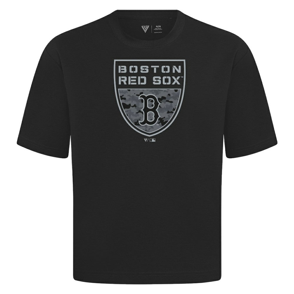 Boston Red Sox Levelwear Oversized Luxe Signature Knit Buckler T-Shirt - Black - MLB Sale