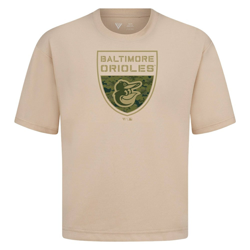 Baltimore Orioles Levelwear Oversized Luxe Signature Knit Buckler T-Shirt - Khaki - MLB Sale