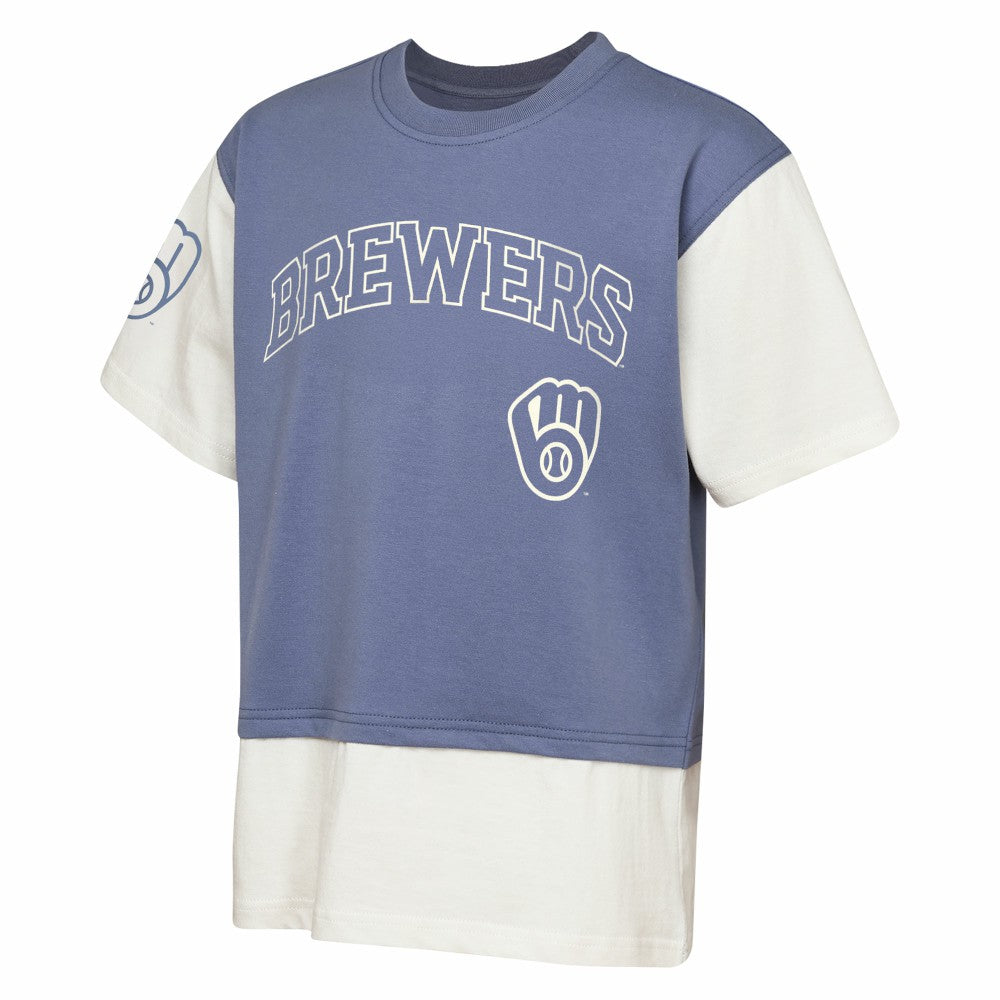 Milwaukee Brewers Outerstuff Youth Ultimate Pastels Premium Double Run T-Shirt - Navy/Cream - MLB Discount
