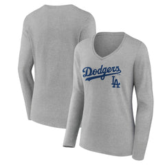 Los Angeles Dodgers Women's Team Lockup Long Sleeve V-Neck T-Shirt - Gray - MLB Sale