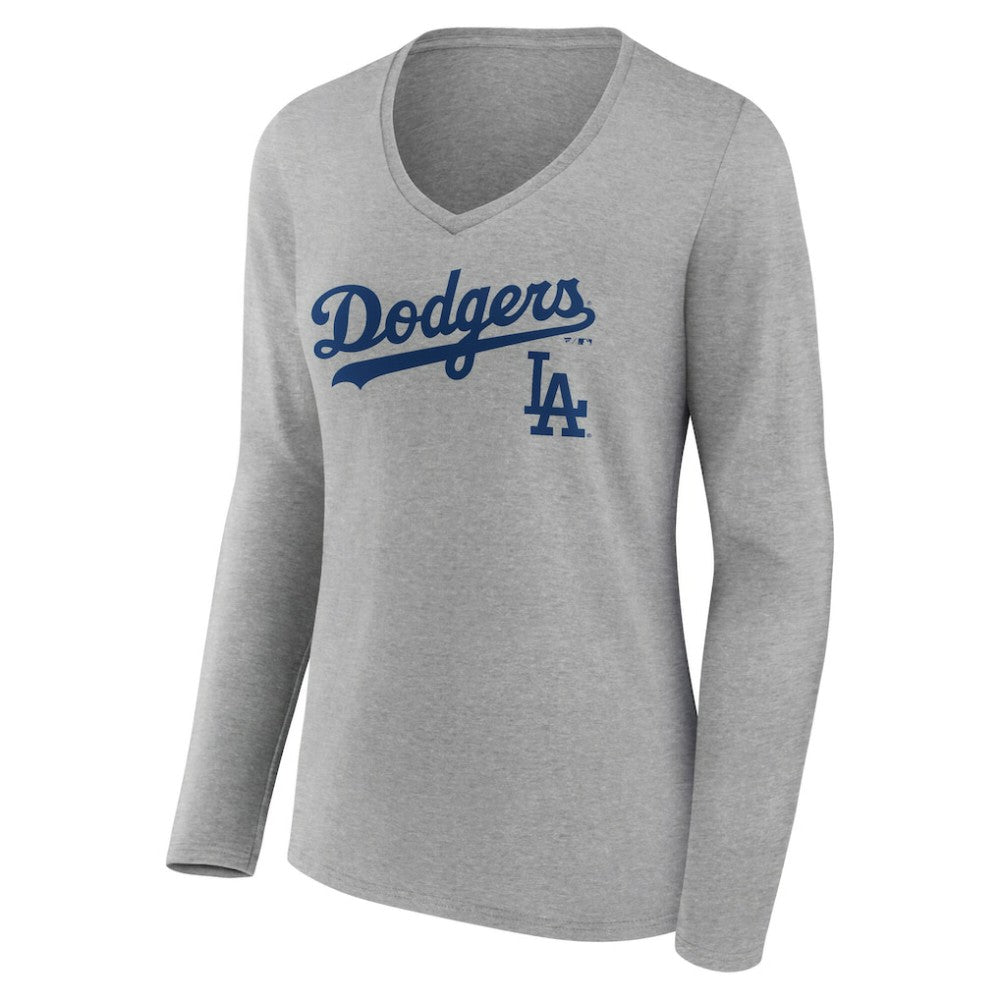 Los Angeles Dodgers Women's Team Lockup Long Sleeve V-Neck T-Shirt - Gray - MLB Sale