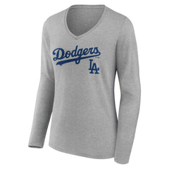 Los Angeles Dodgers Women's Team Lockup Long Sleeve V-Neck T-Shirt - Gray - MLB Sale
