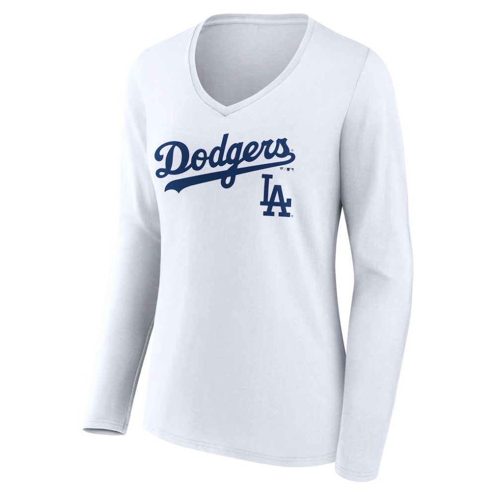 Los Angeles Dodgers Women's Team Lockup Long Sleeve V-Neck T-Shirt - White - MLB Sale