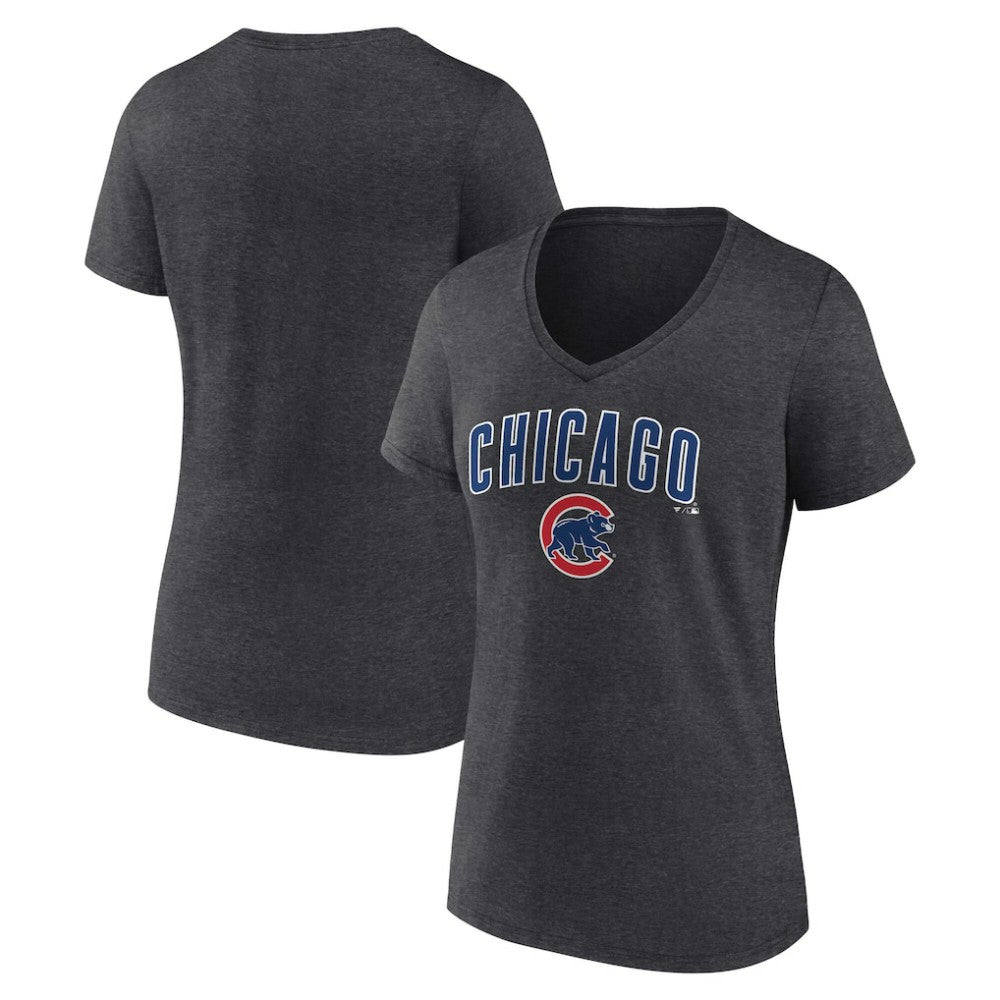 Chicago Cubs Women's Team Lockup V-Neck T-Shirt - Charcoal - MLB on Sale
