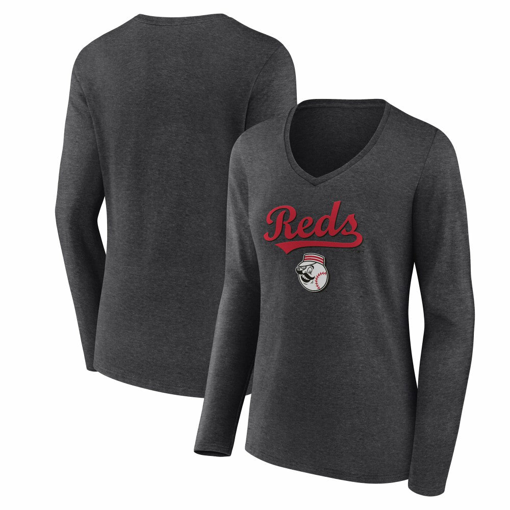 Cincinnati Reds Women's Team Lockup Long Sleeve V-Neck T-Shirt - Charcoal - MLB Lifestyle