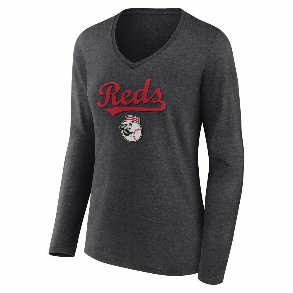 Cincinnati Reds Women's Team Lockup Long Sleeve V-Neck T-Shirt - Charcoal - MLB Lifestyle