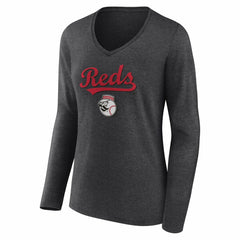 Cincinnati Reds Women's Team Lockup Long Sleeve V-Neck T-Shirt - Charcoal - MLB Lifestyle