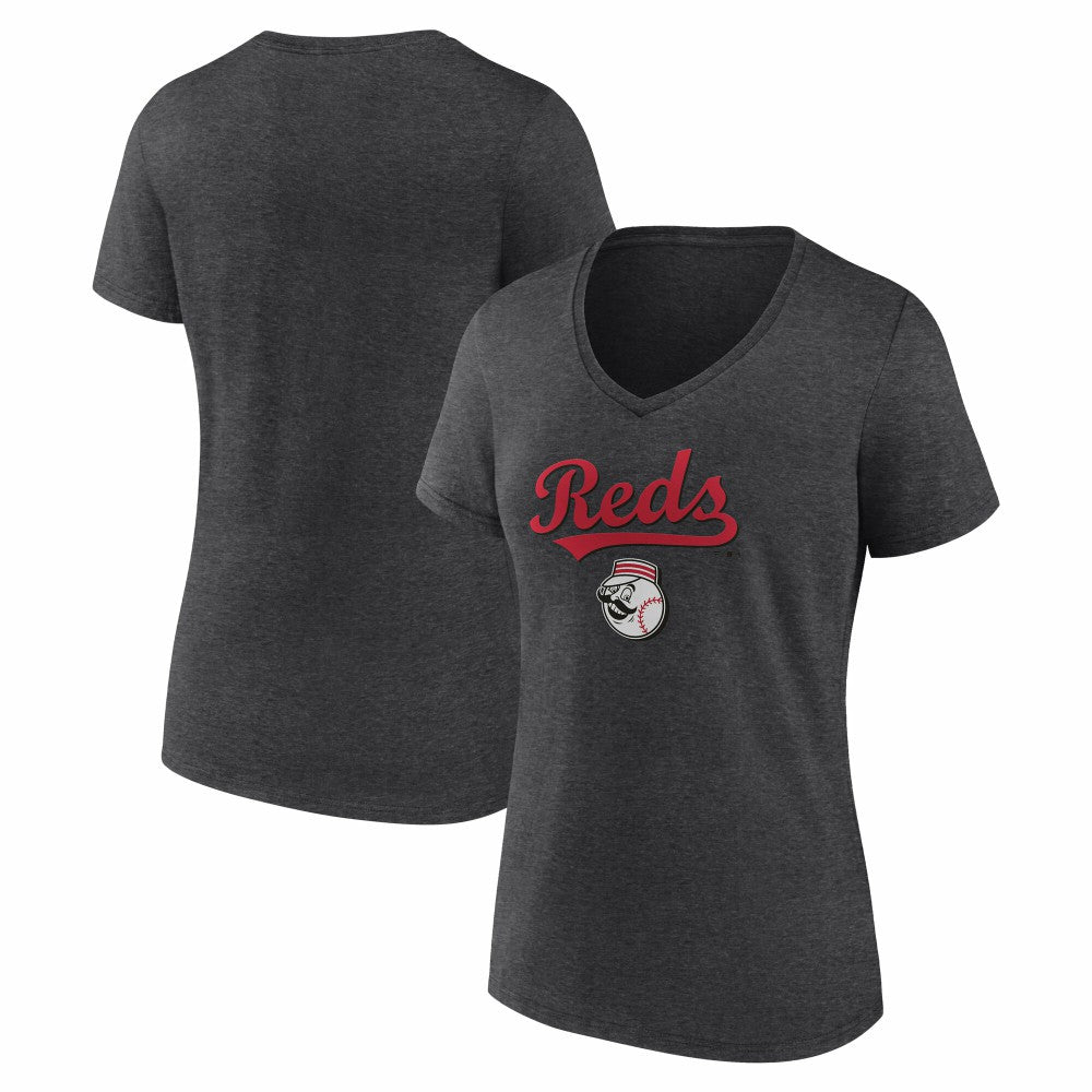 Cincinnati Reds Women's Team Lockup V-Neck T-Shirt - Charcoal - MLB on Sale