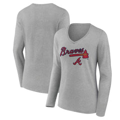 Atlanta Braves Women's Team Lockup Long Sleeve V-Neck T-Shirt - Gray - MLB Discount