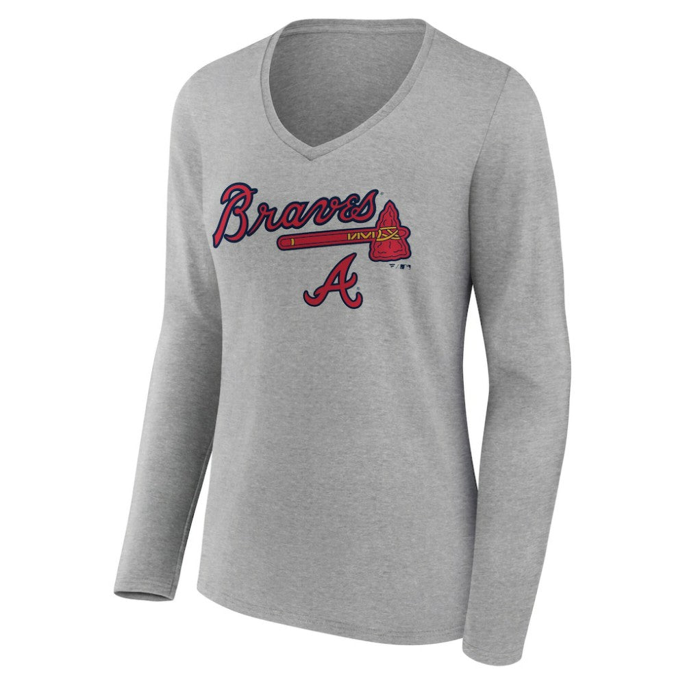 Atlanta Braves Women's Team Lockup Long Sleeve V-Neck T-Shirt - Gray - MLB Discount