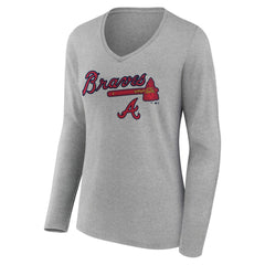 Atlanta Braves Women's Team Lockup Long Sleeve V-Neck T-Shirt - Gray - MLB Discount