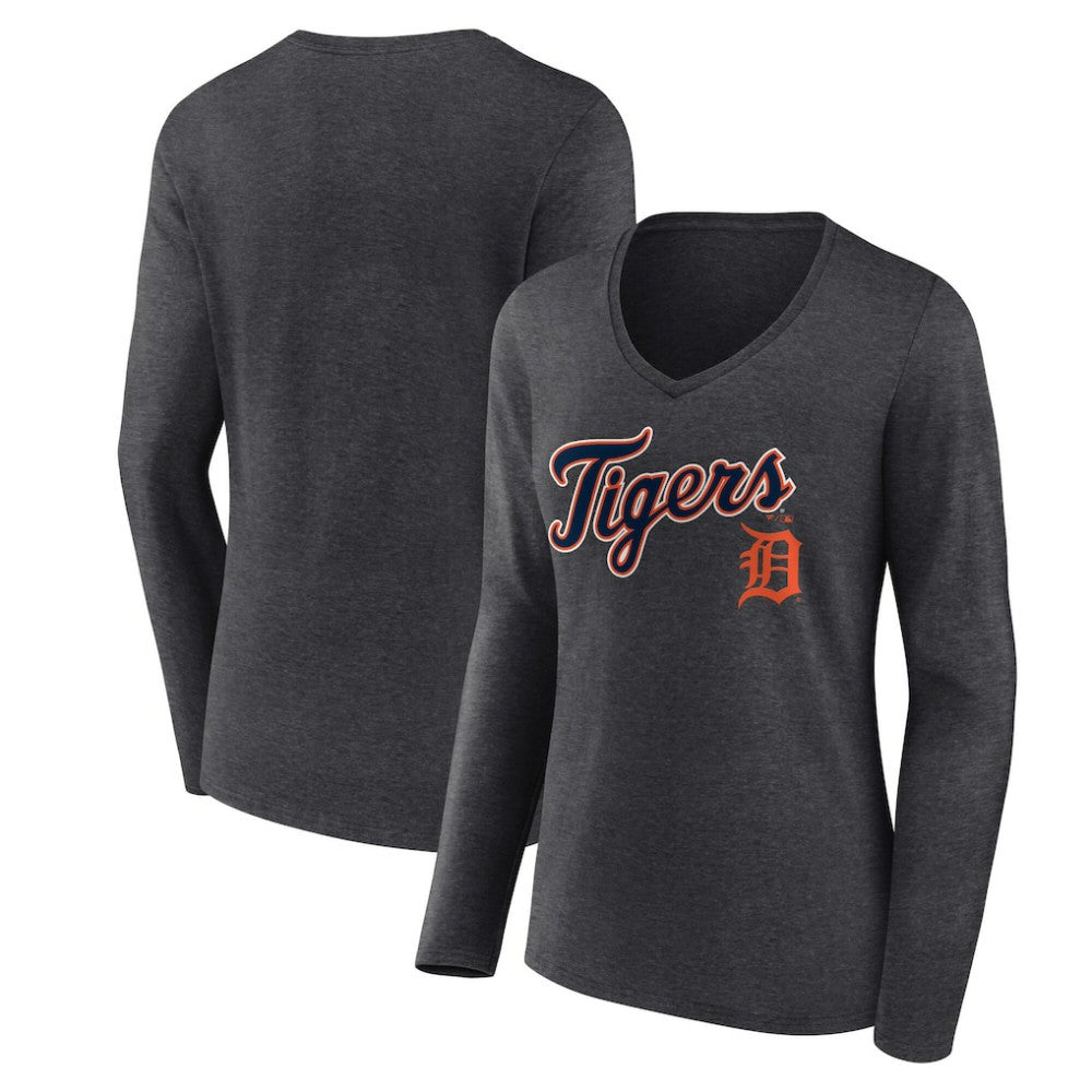 Detroit Tigers Women's Team Lockup Long Sleeve V-Neck T-Shirt - Charcoal - MLB Discount