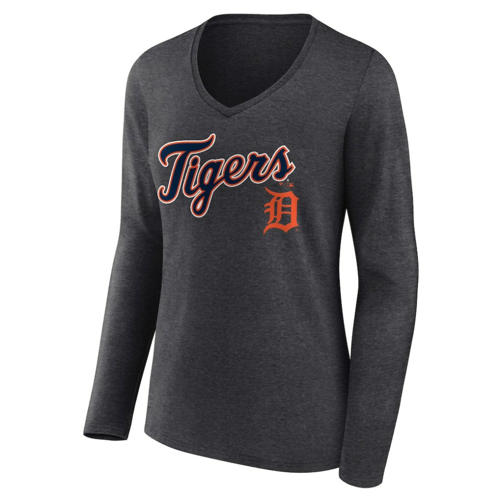 Detroit Tigers Women's Team Lockup Long Sleeve V-Neck T-Shirt - Charcoal - MLB Discount