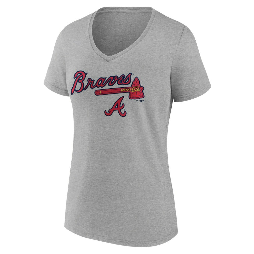 Atlanta Braves Women's Team Lockup V-Neck T-Shirt - Gray - MLB Discount