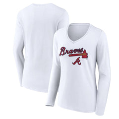 Atlanta Braves Women's Team Lockup Long Sleeve V-Neck T-Shirt - White - MLB Online