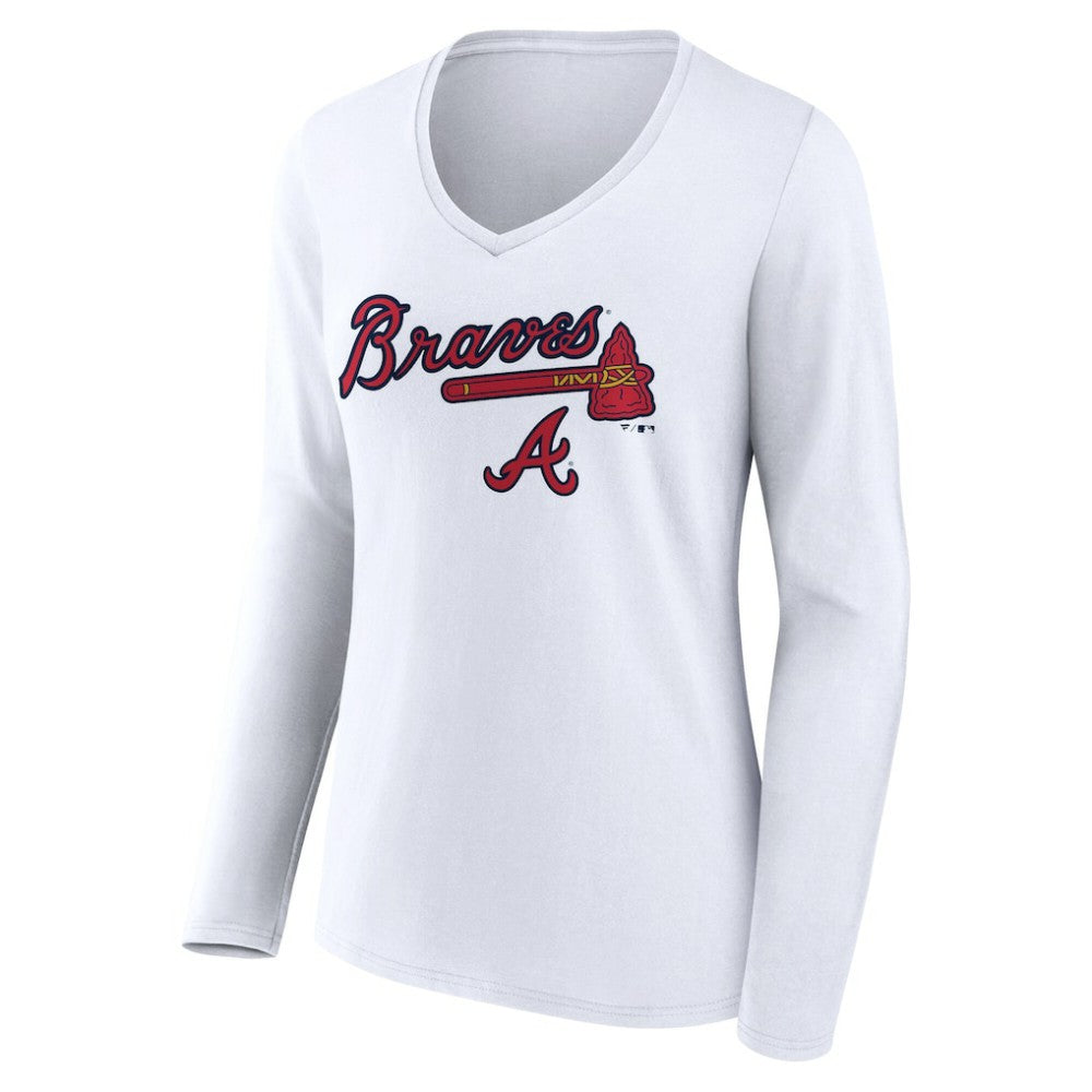 Atlanta Braves Women's Team Lockup Long Sleeve V-Neck T-Shirt - White - MLB Online