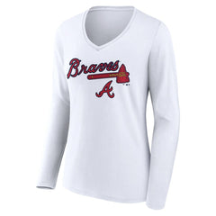 Atlanta Braves Women's Team Lockup Long Sleeve V-Neck T-Shirt - White - MLB Online