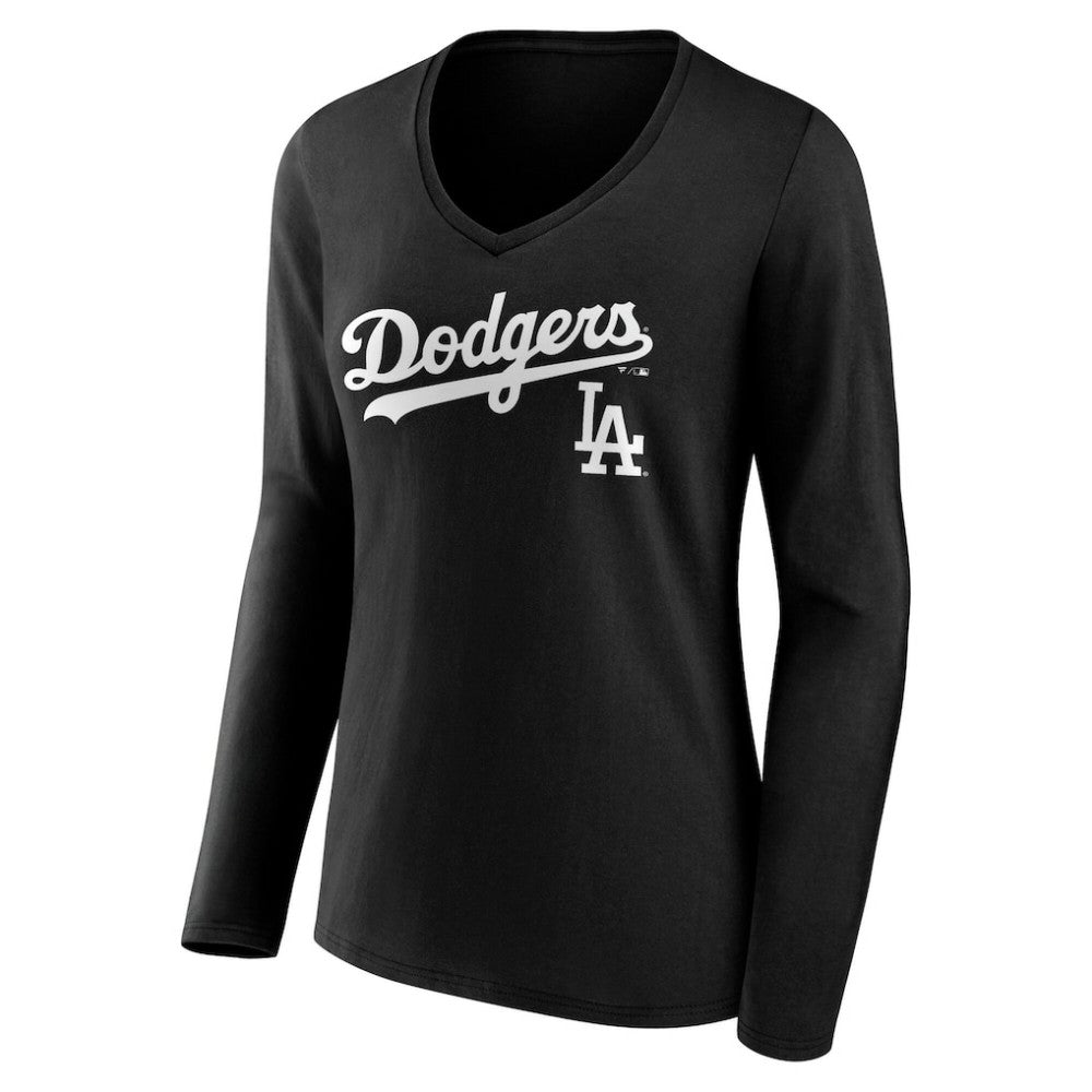 Los Angeles Dodgers Women's Team Lockup Long Sleeve V-Neck T-Shirt - Black - MLB Discount