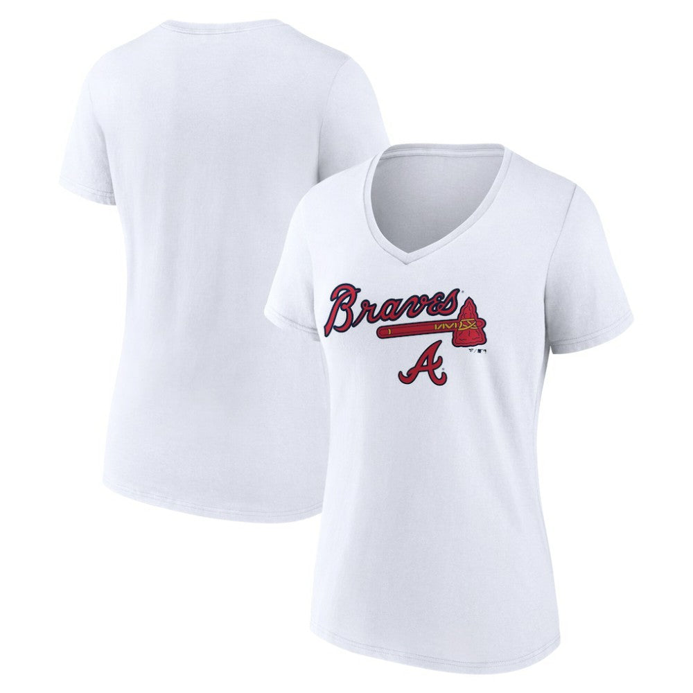 Atlanta Braves Women's Team Lockup V-Neck T-Shirt - White - MLB on Sale